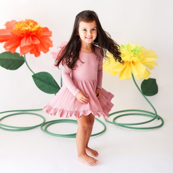 Dusty Rose Ribbed Long Sleeve Ruffled Twirl Dress